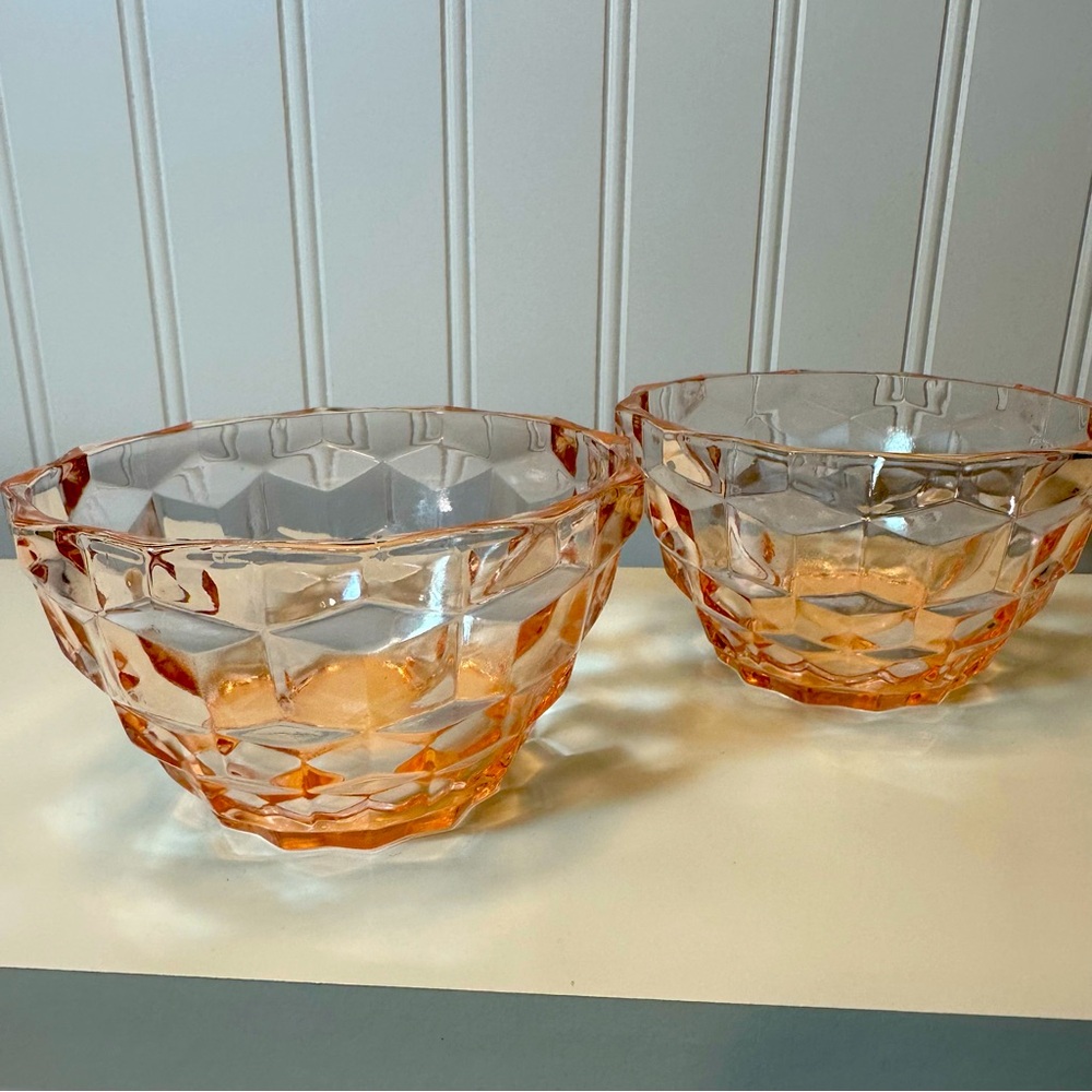 Two Vintage Jeanette Cube Pink Custard Bowls
